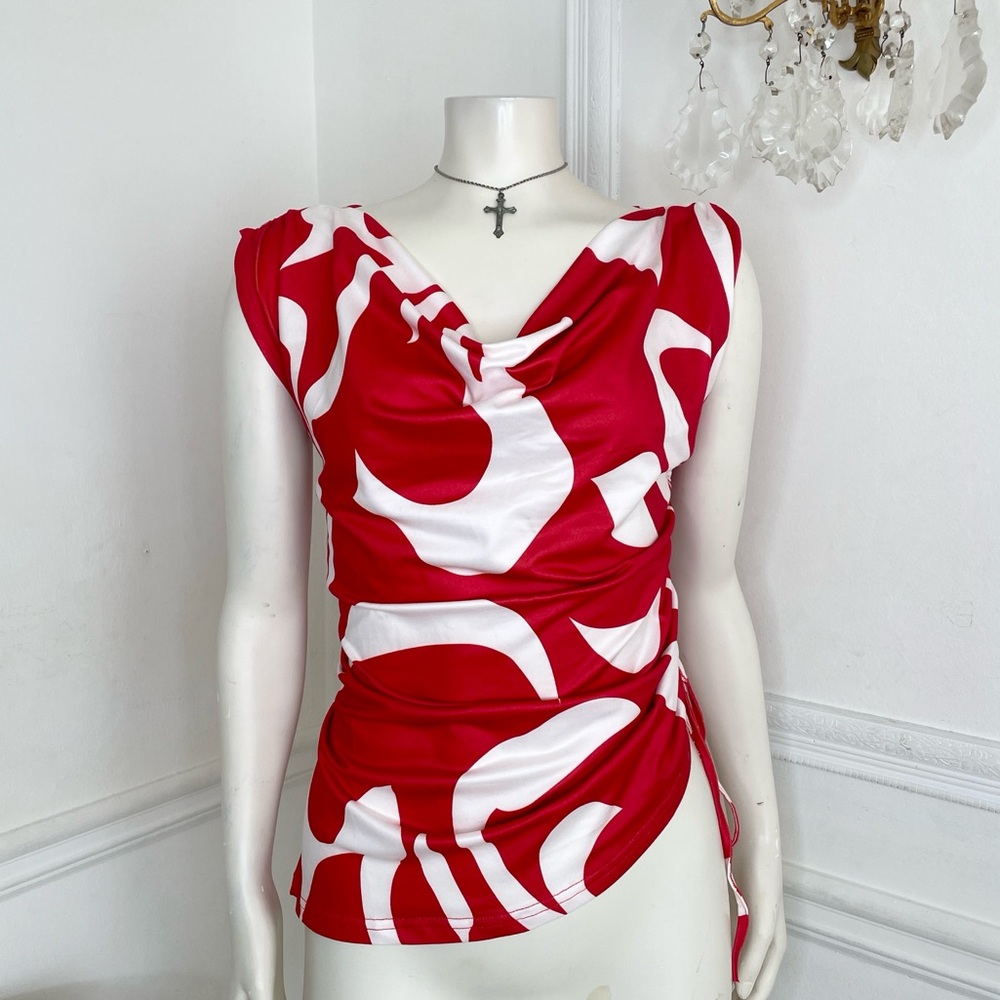 Y2K Women’s top Red Abstract Cowl Neck  top with tie Ruched side detail M